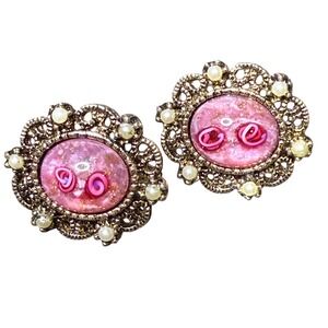 Coventry Vintage Clip On Earrings Pink Rose Flower‎ Gold Tone Costume Jewelry